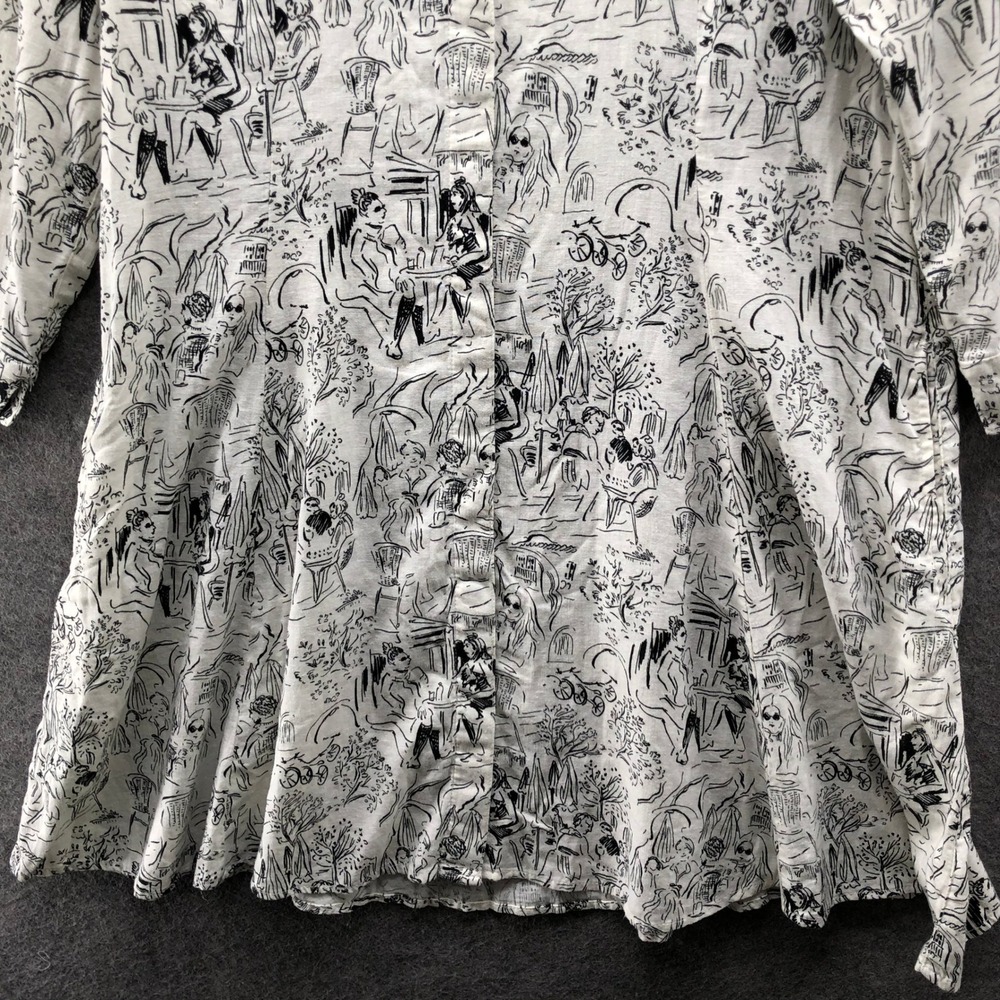 Isaac Mizrahi Toile Shirt Dress Womens XL White Black Cafe Print Linen Blend - Picture 4 of 9